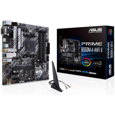 ASUS PRIME B550M-A WIFI II AMD B550 (Ryzen AM4) micro ATX motherboard with dual M.2, PCIe 4.0, Wi-Fi 6, 1 Gb Ethernet, HDMI, DVI-D, D-Sub, SATA 6 Gbps, USB 3.2 Gen 2 Type-A, and Aura Sync RGB lighting support