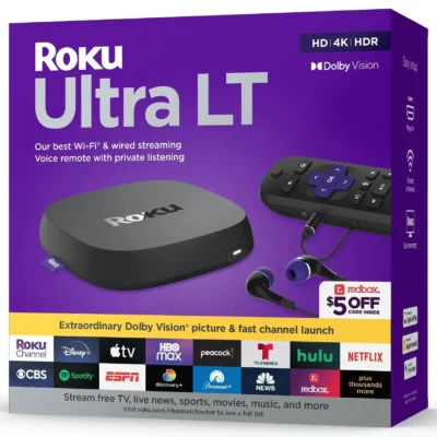 Roku Ultra LT Streaming Device 4K/HDR/Dolby Vision with Roku Voice Remote, Private Listening, and Premium HDMI® Cable