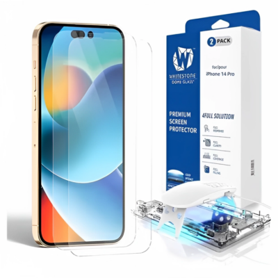 Whitestone Dome Glass for iPhone 14 Pro Tempered Glass Screen Protector with UV Kit – Pack of 2