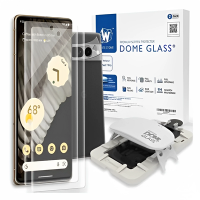 Whitestone Dome Glass For Google Pixel 7 Pro Tempered Glass Screen Protector with 1 Pack of Camera Protector – 2 Pack of Glass with UV Kit