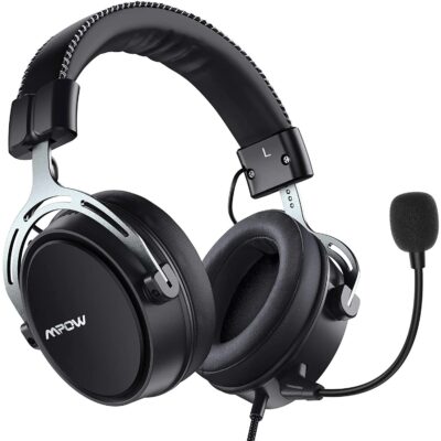 Mpow Air SE Gaming Headset with 3D Bass Surround for PS5 PC PS4 Xbox Gaming Headphones with Noise Cancelling Mic, In-Line Control, Over-Ear Soft Memory Earads, Computer Headset for Nintendo Switch – Black/Silver