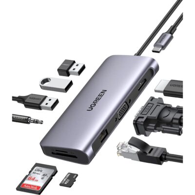 UGREEN USB C Hub 10 in 1 with 4K HDMI, VGA Output, 3.5mm Audio Port, 1000 Mbps Ethernet, 3 x USB 3.0 Ports, 100W PD Port Charging; SD Card TF Card Reader