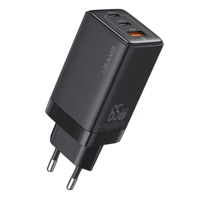 USAMS US-CC180 Sandru Series 65W 3 Ports GaN Fast Charger, EU Plug - Black