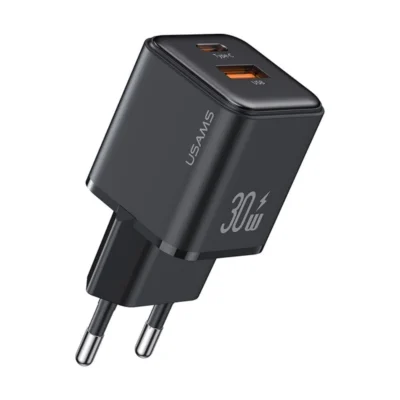 USAMS US-CC189 PD30W USB+USB-C/Type-C Dual Port Electroplating Charger, EU Plug (Black)