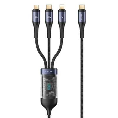 USAMS US-SJ600 U83 PD100W 3 in 1 Aluminum Alloy Transparent Digital Display Fast Charging Cable (Black)