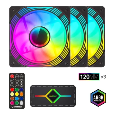 Gamemax KF300 BK, 120mm Black Frame ARGB Fan 3-in-1 Kit - Black