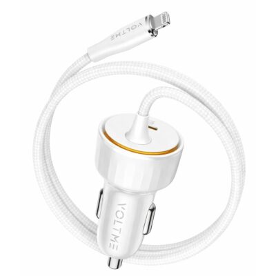 VOLTME Cazo Speedo+ 57W Car Charger With Builtin Lightning Cable & USB C Port (4ft/1.2m) - White